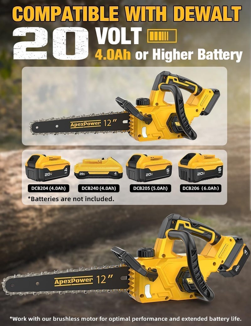 apex power 12 Inch Brushless Electric Chainsaw Cordless, for Dewalt Battery 20V, Compact Chain Saw with 44.3 FT/S Powerful Cutting, Auto Oiler Low Kickback Battery Powered Chainsaw for Tree Trimming Wood Cutting - Image 2